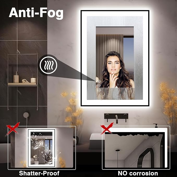 EchosLife 28x36 LED Bathroom Mirror for Wall - Black Aluminum Framed | Black Frame, Front and Backlit, Anti-Fog, Stepless Dimmable, 3 Colors, Memory, Tempered Glass, UL Listed, Horizontal/Vertical