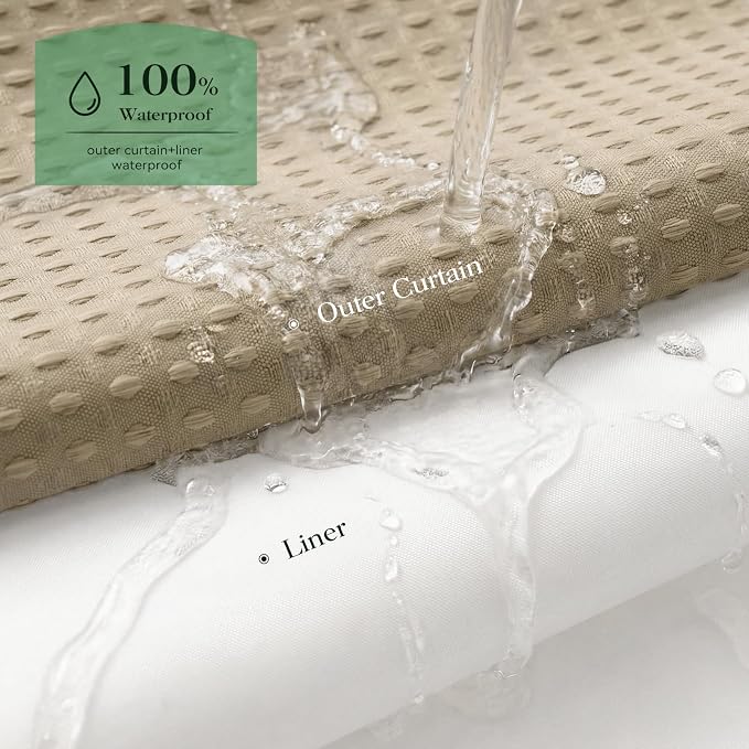 Beige Hook Free Waffle Shower Curtain & Snap-in Fabric Liner,72x99 | Less Time to install, 3 in 1 Fabric Shower Curtain and Liner Set with Magnets, Extra Long, Shower Curtains for Bathroom