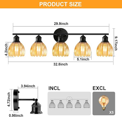 Bathroom Light Fixtures, 5-Light Brushed Black Vanity Lights for Bathroom with Amber Tulip Glass Shade, 30" Vintage Bathroom Vanity Lighting Fixtures Over Mirror for Bedroom Living Room Hallway