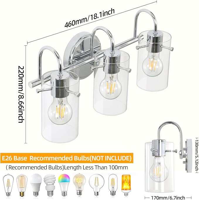 3 Lights Vanity Light, Bathroom Wall Light Fixture Over Mirror | Modern Metal Wall Sconce with Clear Glass Shade, Farmhouse Wall Mount Lamp for Washroom, Bathroom Living Room, Workshop