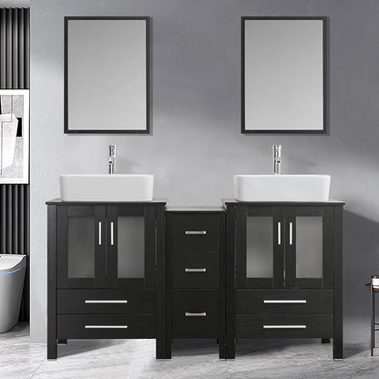 UEV 60" Black Bathroom Vanity Set,Double Vanity with Double Vessel Sink Combo and Removable Side Cabinet,Mirror Not Included (T03)