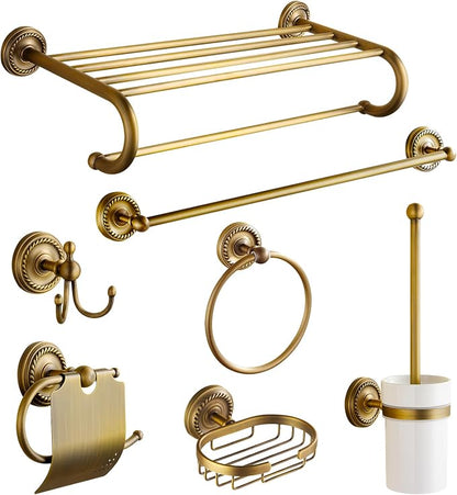 7 Piece Antique Brass Gold Bathroom Accessories Set - TooCust Brushed Brass 24” Double Towel Holder & Towel Bar - Wall Mounted Bathroom Hardware Kit