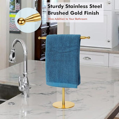 Gold Hand Towel Holder Stand for Bathroom Vanity Countertop Stainless Steel T-Shape Free Standing Towel Rack Stand Towel Bar for Bathroom Kitchen (Gold)
