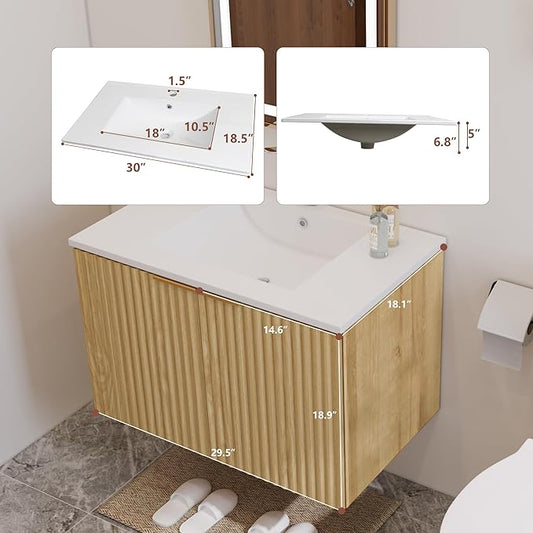 Modern Bathroom Vanity with Wavy Textured Doors - Wall Mounted Floating Cabinet, Soft-Close Waterproof Storage for Small Bathroom, Easy Install (Nature with Sink, 30)