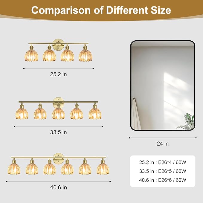 Vintage Bathroom Light Fixtures,5-Light Hardwired Vanity Lights with Amber Tulip Glass Shade,Gold Bathroom Vanity Light for Mirror Restroom,E26 Socket,33.46 in(Bulbs Not Included)