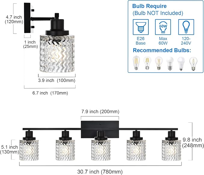 MELUCEE 5 Lights Black Bathroom Light Fixture Modern Light Fixtures | Wall Mounted Modern Vanity Lighting with Hammered Glass Shade Suitable for Bathroom Mirror Sink Cabinet