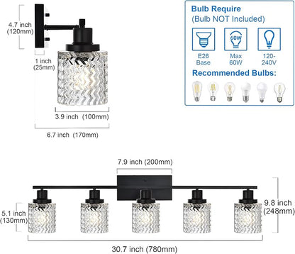 MELUCEE 5 Lights Black Bathroom Light Fixture Modern Light Fixtures | Wall Mounted Modern Vanity Lighting with Hammered Glass Shade Suitable for Bathroom Mirror Sink Cabinet