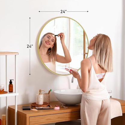 Sweetcrispy 24 Inch Round Wall Mirror, Bathroom Mirror for Over Sink | Tempered Glass, Anti-Fog & Waterproof Round Mirrors for Bathroom, Entryway, Bedroom, Shatterproof Design, Gold