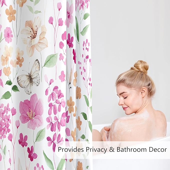 Pink Green Floral Shower Curtain, Cute Flower Fabric Shower Curtains for Bathroom, Watercolor Wildflower Butterfly Cloth Shower Curtain Set with Hooks, 72x72