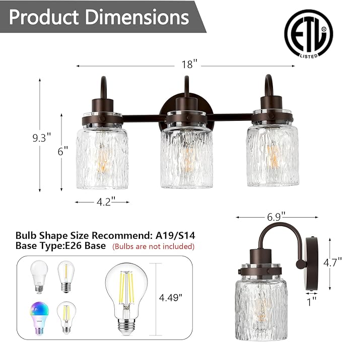 3 Lights Bathroom Vanity Light, Oil Rubbed Bronze Bathroom Light Fixtures with Hammered Glass Lampshade for Dressing Table,Over Mirror,Hallway