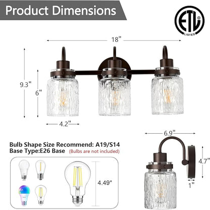 3 Lights Bathroom Vanity Light, Oil Rubbed Bronze Bathroom Light Fixtures with Hammered Glass Lampshade for Dressing Table,Over Mirror,Hallway