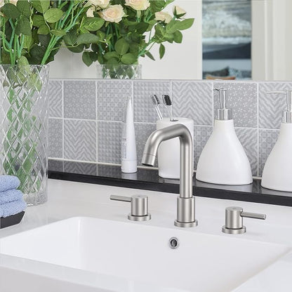 GAOMON Brushed Nickel Bathroom Faucet 3 Hole,8 Inch Bathroom Faucet with Metal Pop-up Drain Assembly, Two Handle Vanity Faucet with cUPC Supply Lines, 8" Widespread Bathroom Sink Faucet