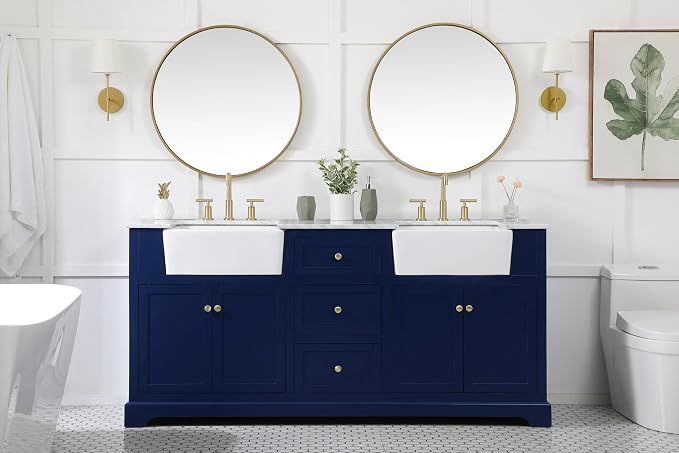 72" Pre-Assembled Bathroom Vanity with Sink, Solid Birch and MDF, Carrara White Marble Countertop Attached, Double Rectangle Porcelain Sink, 3 Soft-Close Drawers, Blue