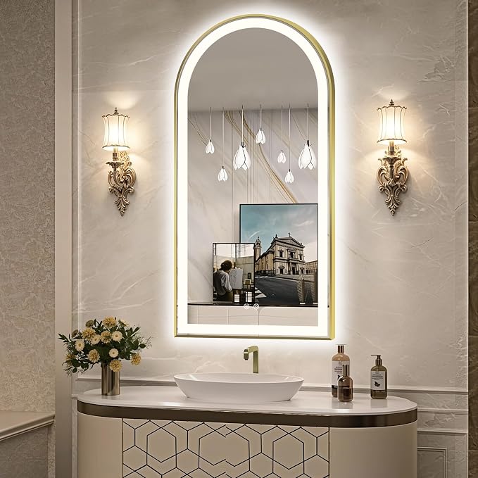 Arched LED Bathroom Mirror, 48"x24" Arch Backlit Vanity Mirror with Lights, Frontlit, Dimmable, 3 Colors, Memory Function, Anti-Fog Smart Mirror, Shiny Gold Frame, Shatterproof, UL Listed