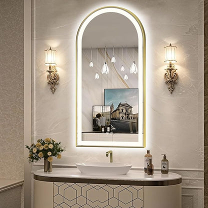 Arched LED Bathroom Mirror, 48"x24" Arch Backlit Vanity Mirror with Lights, Frontlit, Dimmable, 3 Colors, Memory Function, Anti-Fog Smart Mirror, Shiny Gold Frame, Shatterproof, UL Listed