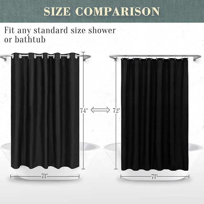 No Hook PEVA Shower Curtain or Liner, Standard Size 71 x 74, Black | 8G Heavy Duty, Black Bathroom Shower Curtain, No Hooks Required, Waterproof Plastic & PVC Free
