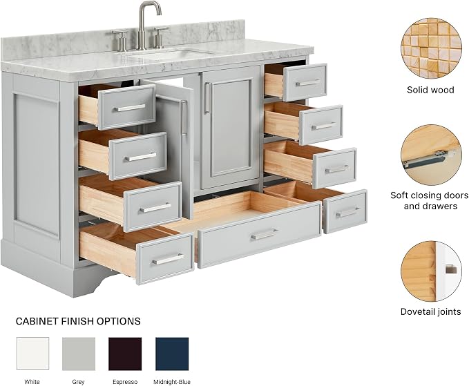 DKB Langford 54-inch Grey Bathroom Vanity with Center Rectangle Single Sink, Italian Carrara Marble Countertop & Backsplash, Solid Wood Frame, Soft-Closing & Dovetail Drawers
