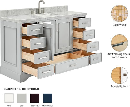 DKB Langford 54-inch Grey Bathroom Vanity with Center Rectangle Single Sink, Italian Carrara Marble Countertop & Backsplash, Solid Wood Frame, Soft-Closing & Dovetail Drawers