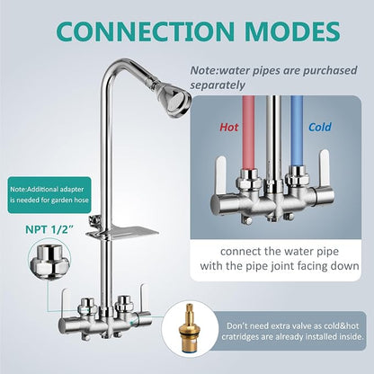Aolemi Outdoor Shower Kit, Upward-Facing Inlets, Polish Chrome | 3-Inch Center Hot And Cold Mixer Valve, Dual Handles, with Soap Dish For Convenient Outdoor Shower Use