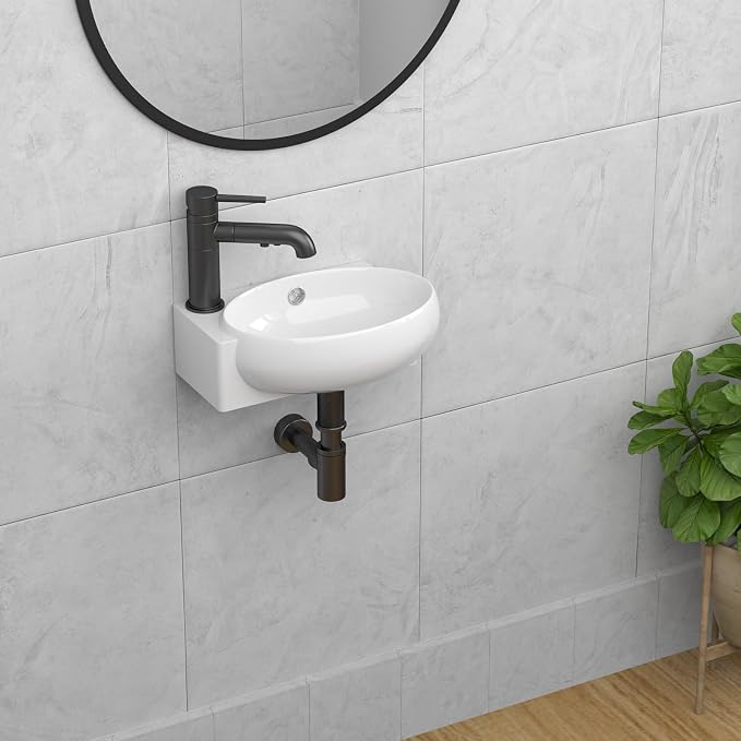 Wall Mount Hung Bathroom Sink 16"x11" Round Modern Vessel Sinks | Bathroom Corner Floating Sink White Porcelain Ceramic Wall Hung Bathroom Vessel Sink for Rvs, Restroom, Toilet