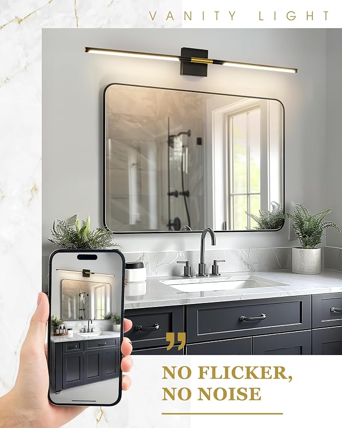 47 Inch Bathroom Light Fixtures, 28W 3CCT Dimmable Black and Gold LED Vanity Lighting Fixtures Over Mirror, 360?Rotatable Modern Bathroom Vanity Light Bar, AD-W9465-L120-BK