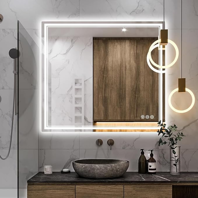 Ratsamee 40x36 Inch LED Bathroom Mirror with Frontlit & Backlit, Lighted Mirror for Bathroom Wall with 3-Color Dimmable & Anti-Fog, Vanity Mirror with Lights
