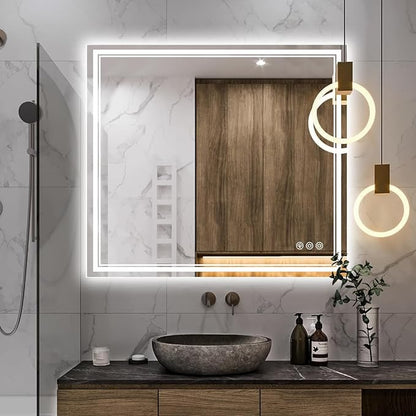 Ratsamee 40x36 Inch LED Bathroom Mirror with Frontlit & Backlit, Lighted Mirror for Bathroom Wall with 3-Color Dimmable & Anti-Fog, Vanity Mirror with Lights