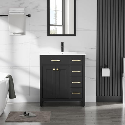 LUCKWIND 30" Modern Bathroom Vanity with Sink, Painted Storage Cabinet with Undermounted Sink, Two Doors and Three Drawers, Include Faucet Without Mirror, Black