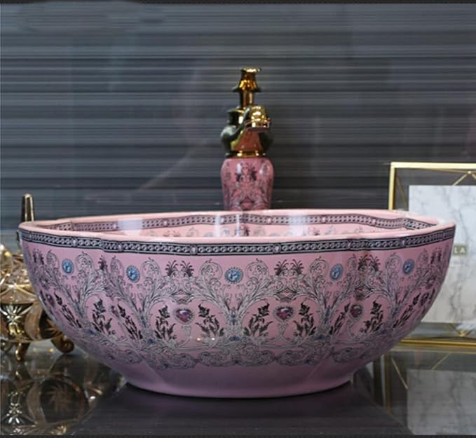 Bathroom Vessel Sinks Europe Style Pink Lucky Flower Ceramic Above Counter Sink for Vanity Top