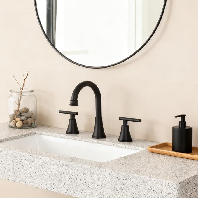 HOTIS Black Bathroom Faucet 3 Hole, 2 Handle 360° Swivel Matte Black 8 Inch Widespread Bathroom Sink Faucet, Lavatory Sink Faucet with Pop-up Drain and Supply Lines, HT-BF302