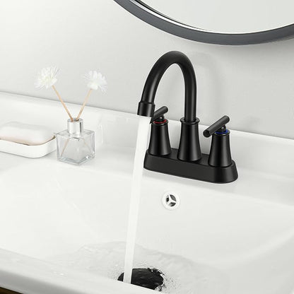 Herogo Matte Black Bathroom Sink Faucet for 3 Holes, 4 Inch Centerset Bathroom Faucet 2-Handle with Pop-Up Drain & Supply Hoses, 18/10 Stainless Steel, for RV Vanity Lavatory