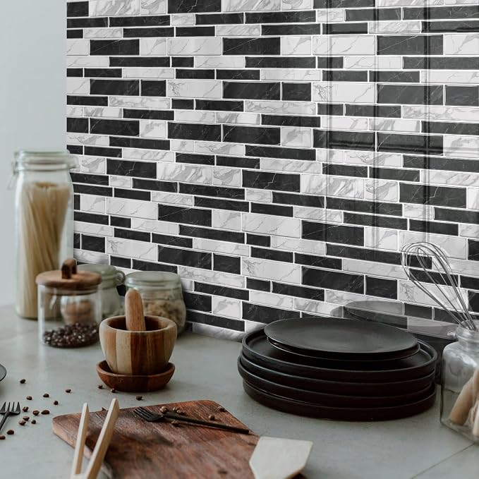 Alwayspon 10 Sheets 12" x12inch Black and White Marble Effect Vinyl Tiles, Backsplash, Self-Adhesive Peel and Stick Wall Tile Stickers, Stick on Subway Tiles for Kitchen Bathroom Wall Decor