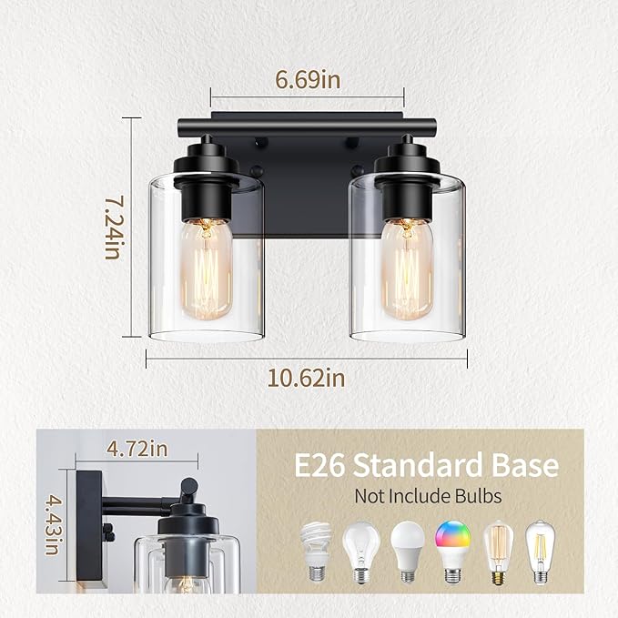 Bathroom Vanity Light Over Mirror,Bathroom Light Fixture Wall Sconce Lighting for Bedroom,Living Room (Black, 2-Light)