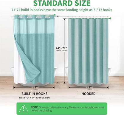 eachope No Hook Linen Texture Shower Curtain with Snap-in Liner,71x74 Teal | 230GSM Thick Fabric,Hotel Luxury Decor,Mesh Top Window,Magnetic Weighted Hem,Waterproof & Machine Washable,for Bathroom
