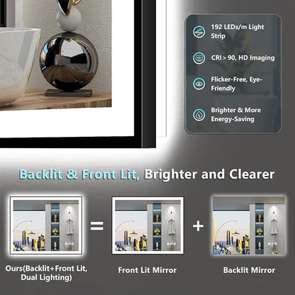 30x36 Black LED Bathroom Mirror, Backlit & Front Lit Lighted Mirror | Metal Framed Anti-Fog Vanity Mirror with Lights, 3 Color Dimmable, Memory, Tempered Glass, CRI95, IP54, Horizontal/Vertical
