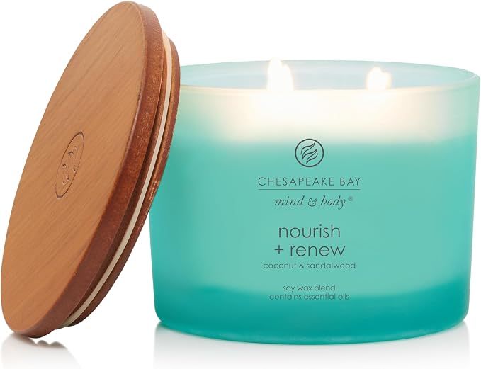 Chesapeake Bay Candle Mind & Body 3-Wick Coffee Table Jar Candle Nourish + Renew (Coconut & Sandalwood), 11oz (Pack of 4)