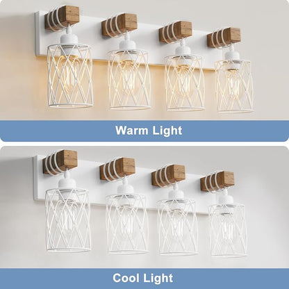 IZORRO Farmhouse Bathroom Vanity Light, 4-Light Wood Bathroom Light Fixtures Over Mirror, Matte White Industrial Vanity Lights with Metal Shade, Rustic Restroom Lighting Fixtures