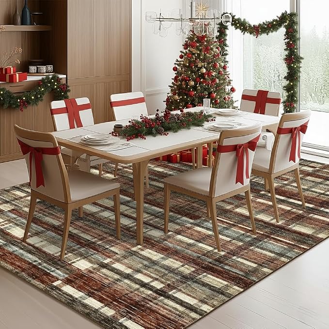Modern Christmas Rug 9x12 Area Rug for Living Room Washable Rugs Plaid Rug for Bedroom Large Area Rug Non Slip Carpet Stain Resistant Throw Rugs for Dining Room Office Classroom, Red