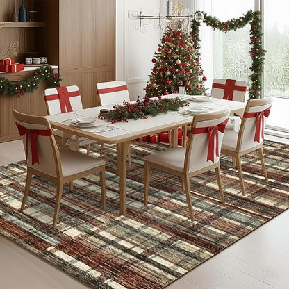 Modern Christmas Rug 9x12 Area Rug for Living Room Washable Rugs Plaid Rug for Bedroom Large Area Rug Non Slip Carpet Stain Resistant Throw Rugs for Dining Room Office Classroom, Red