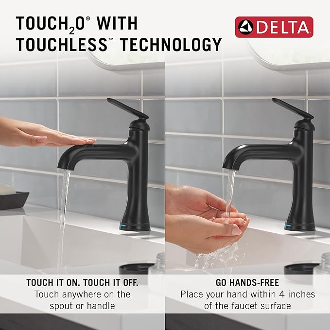 Delta Bonacci Touchless Bathroom Faucet 1-Hole with Touch On Technology, Matte Black Single Hole Bathroom Sink Faucet, Metal Push-Pop Drain, Matte Black 545T-BL-DST