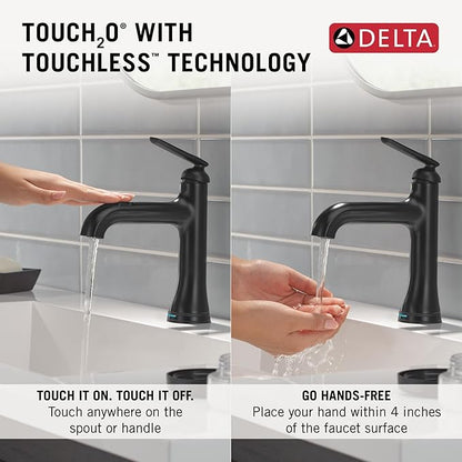 Delta Bonacci Touchless Bathroom Faucet 1-Hole with Touch On Technology, Matte Black Single Hole Bathroom Sink Faucet, Metal Push-Pop Drain, Matte Black 545T-BL-DST
