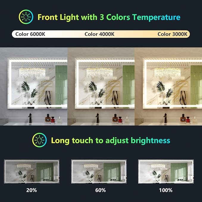 84x40 LED Bathroom Mirror with Lights, RGB Backlit Lighted Mirror | Backlit and Front Light, Anti-Fog, 3 Color Dimmable, Memory, Tempered Glass, IP54 Waterproof, UL Listed