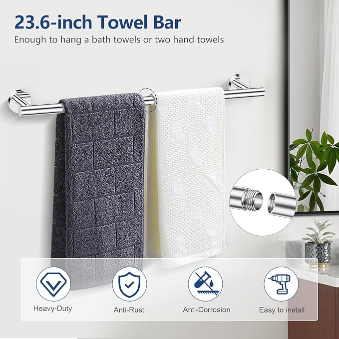 TQKAG 5 Piece Towel Racks for Bathroom, 23.6" Bathroom Hardware Set Chrome | Bathroom Hardware Set, SUS304 Stainless Steel, Double Post Pivoting, Towel Hooks, Toilet Paper Holder Set Wall Mounted