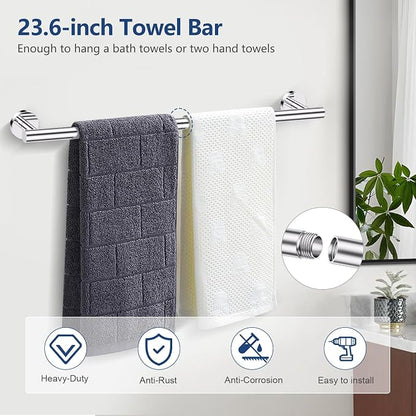 TQKAG 5 Piece Towel Racks for Bathroom, 23.6" Bathroom Hardware Set Chrome | Bathroom Hardware Set, SUS304 Stainless Steel, Double Post Pivoting, Towel Hooks, Toilet Paper Holder Set Wall Mounted
