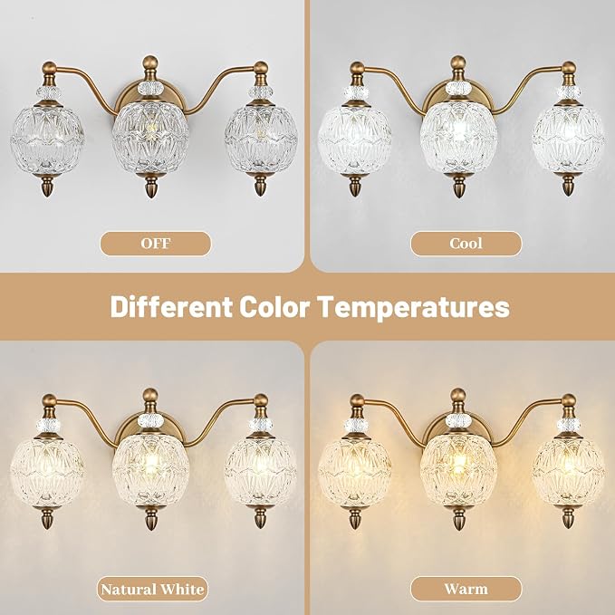 Vintage Bathroom Vanity Light, 3-Light Mid Century Matte Antique Brass Finish Wall Sconce with Globe Glass Shades, Retro Mirror Light for Bathroom, Powder Room