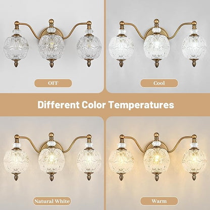 Vintage Bathroom Vanity Light, 3-Light Mid Century Matte Antique Brass Finish Wall Sconce with Globe Glass Shades, Retro Mirror Light for Bathroom, Powder Room