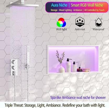 White Stainless Steel Shower Niche 24x12Inch, Dimmable RGB Led Light Wall Niche, No Tile Needed Recessed Niches for Bathroom Storage Built-in Installation