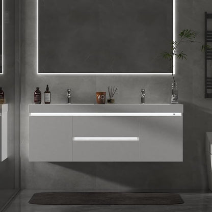 Vanity Art LED Lighted 60 Inch Double Sinks Wall Mounted Bathroom Vanity Set 2 Drawers 4 Shelves Storage Cabinet White Engineered Stone Top Undermount Rectangle Sinks with Sensor Switch