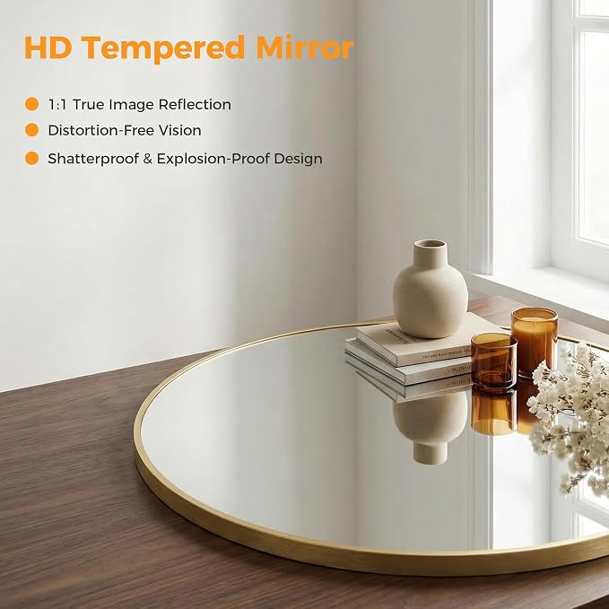 OLIXIS 28 Inch Gold Round Bathroom Wall Mirror, Mirrors for Over Sink | Circle Mirror with Tempered Glass for Home Decor, Entryway, Bedroom, Vanity, Shatterproof& Crystal-Clear