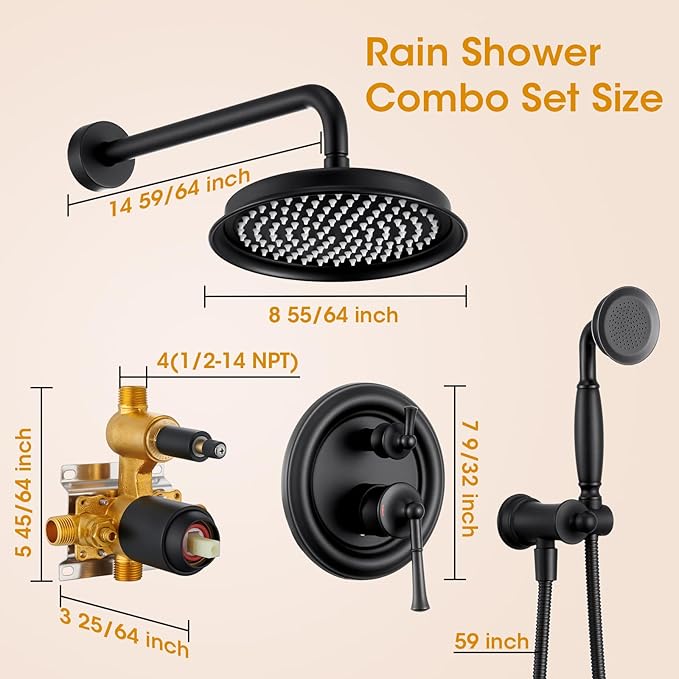 Antique Rain Shower Head with Handheld Spray, Matte Black Rain Shower System with Rough-in Balance Pressure Valve, 9 inch Bathroom Luxury Rain Fall Shower Head Wall Mount Round, (B2312-BK)